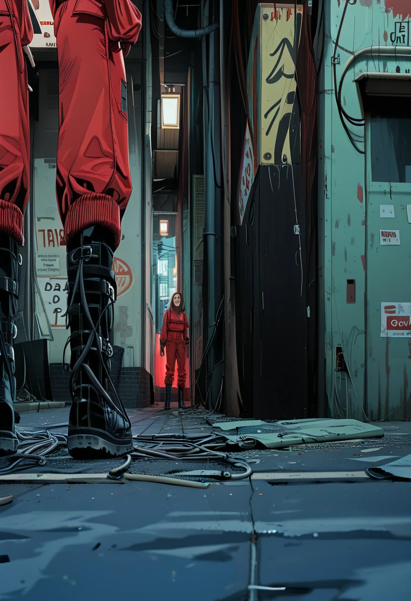 A low-angle backshot of a woman wearing a red jumpsuit and black combat boots, boots focus, seen from the ground level, focusing on her legs and boots. Through the space between her legs, a group of 'Machinehead' characters emerges from a dark alley. Their scrap-metal heads, exposed wires, and erratic mechanical movements create a tense and ominous atmosphere. The alley is gritty and industrial, with flickering neon signs casting eerie light on the scene. The woman's stance is strong and steady, contrasting with the unsettling movements of the approaching Machineheads