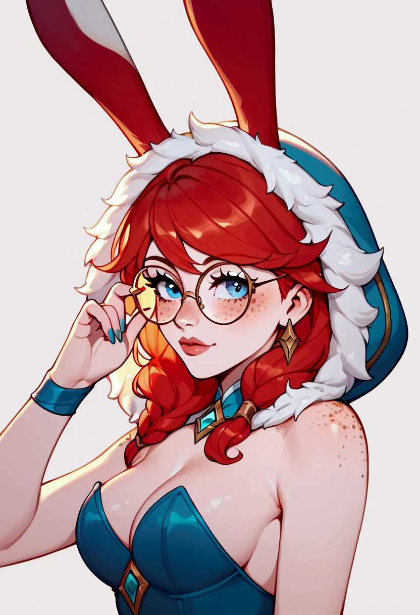 score_9, score_8_up, score_7_up, aurora (league of legends), 1 girl, blue eyes, red hair, sexy, round glasses, freckles, bunny e...