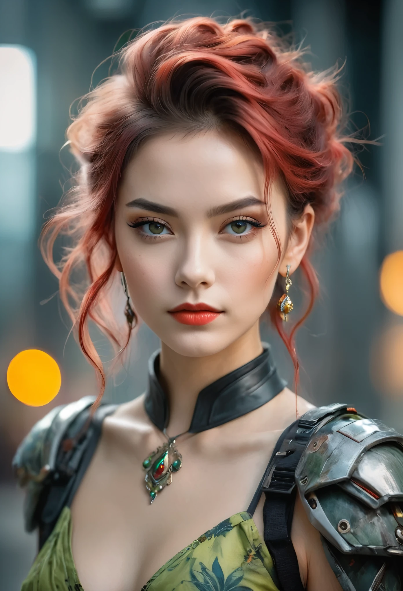 A portrait of a young woman with a confident posture and attitude, looking directly at the camera. Your hair is stylish and tousled with volume, with light and dark tones. She has a serene expression, with warm-toned makeup that enhances your natural features. She has a series of elegant floral tattoos in bright red colors., yellow, and green that adorn his shoulders and chest. Your earrings are delicate and feminine, photo realistic, cinematic, movie photo, captured in the style of the Sony Alpha A7 III camera