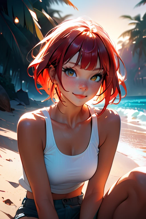 1 young woman; age 18; Slender, athletic; bright red hair; expressive light brown eyes with black pupils; attractive; lightly tanned skin; high detail freckles on face; smiling; very large bust; trending on artstation; complex volumetric lighting; strong shadows; artistic lighting; dynamic; energetic vibe; realistic skin; specular highlights; micro-textures; highly detailed hair; wearing a white tank top; sitting on the beach at sunset with vibrant hues in the sky; beautifully detailed; epic focus including artists like Loish; Rhads; Beeple; Makoto Shinkai; Lois van Baarle; Ilya Kuvshinov; RossDraws; Tom Bagshaw; Alphonse Mucha