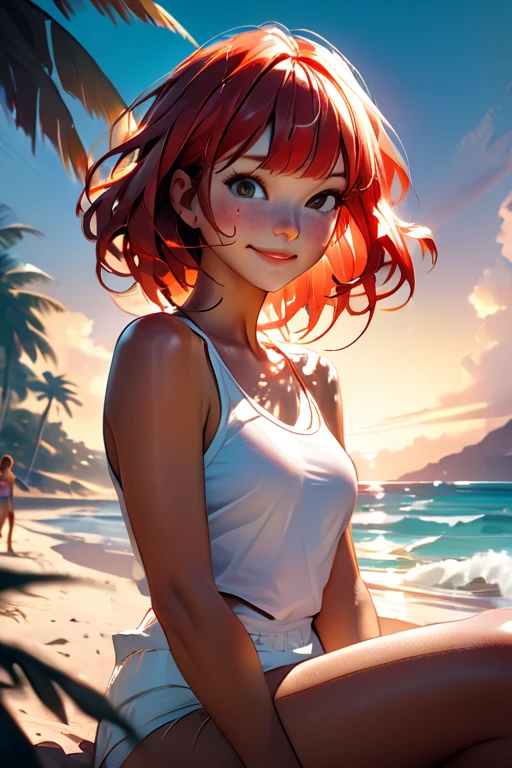 1 young woman; age 18; Slender, athletic; bright red hair; expressive light brown eyes with black pupils; attractive; lightly tanned skin; high detail freckles on face; smiling; very large bust; trending on artstation; complex volumetric lighting; strong shadows; artistic lighting; dynamic; energetic vibe; realistic skin; specular highlights; micro-textures; highly detailed hair; wearing a white tank top; sitting on the beach at sunset with vibrant hues in the sky; beautifully detailed; epic focus including artists like Loish; Rhads; Beeple; Makoto Shinkai; Lois van Baarle; Ilya Kuvshinov; RossDraws; Tom Bagshaw; Alphonse Mucha; background contains a beach party