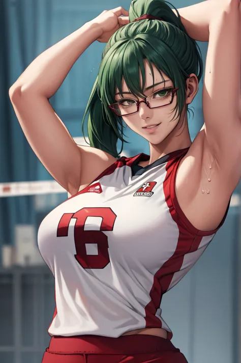 masterpiece, best quality, maki zenin, glasses, volleyball uniform, green hair, ponytail,red pants, looking at viewer, small bre...