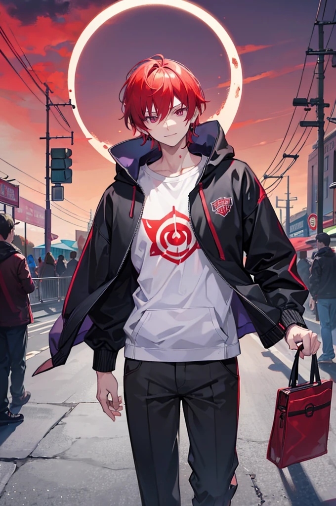 Face through torso, 1man, mature male in his 20s, short hair(Red hair, hair between eyes), sharp and masculine purple eyes(no highlights), sinister smile, mysterious aura like a mastermind behind all events, wearing white hoodie under casual jacket, black pants, controlling red death energy, standing in front of a closed amusement park's Ferris wheel at night with a blood-red moon in the background