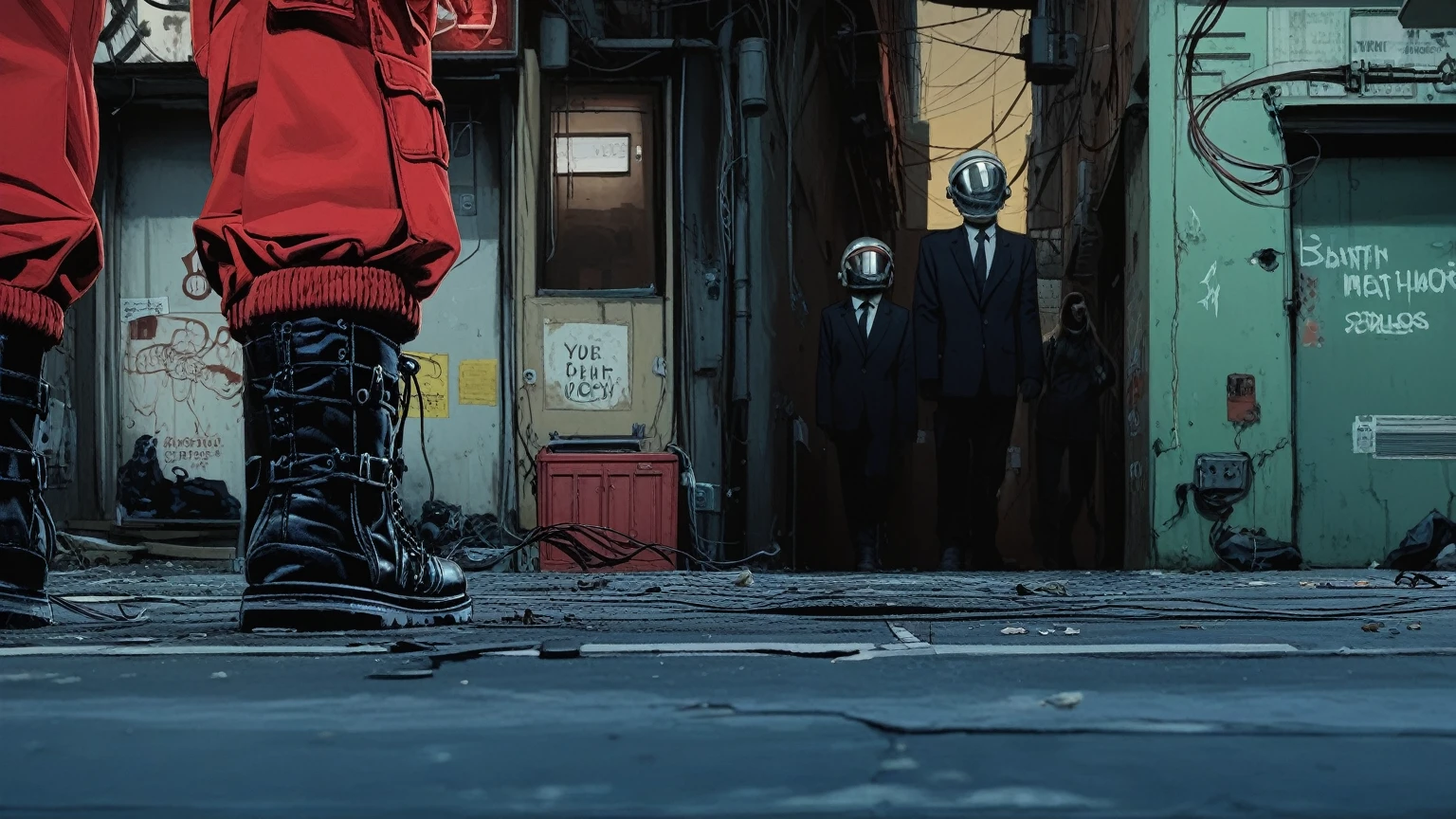 A low-angle backshot of a woman wearing a red jumpsuit and black combat boots, boots focus, seen from the ground level, focusing on her legs and boots. Through the space between her legs, a group of 'Machinehead' characters emerges from a dark alley. Their scrap-metal heads, exposed wires, and erratic mechanical movements create a tense and ominous atmosphere. The alley is gritty and industrial, with flickering neon signs casting eerie light on the scene. The woman's stance is strong and steady, contrasting with the unsettling movements of the approaching Machineheads