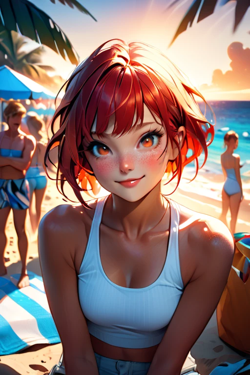 1 young woman; age 18; Slender, athletic; bright red hair; expressive light brown eyes with black pupils; attractive; lightly tanned skin; high detail freckles on face; smiling; very large bust; trending on artstation; complex volumetric lighting; strong shadows; artistic lighting; dynamic; energetic vibe; realistic skin; specular highlights; micro-textures; highly detailed hair; wearing a white tank top; sitting on the beach at sunset with vibrant hues in the sky; beautifully detailed; epic focus including artists like Loish; Rhads; Beeple; Makoto Shinkai; Lois van Baarle; Ilya Kuvshinov; RossDraws; Tom Bagshaw; Alphonse Mucha; background contains a beach party