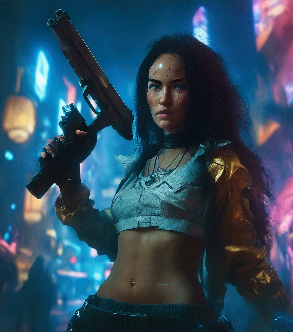 Megan Fox cyberpunk style holding a gun