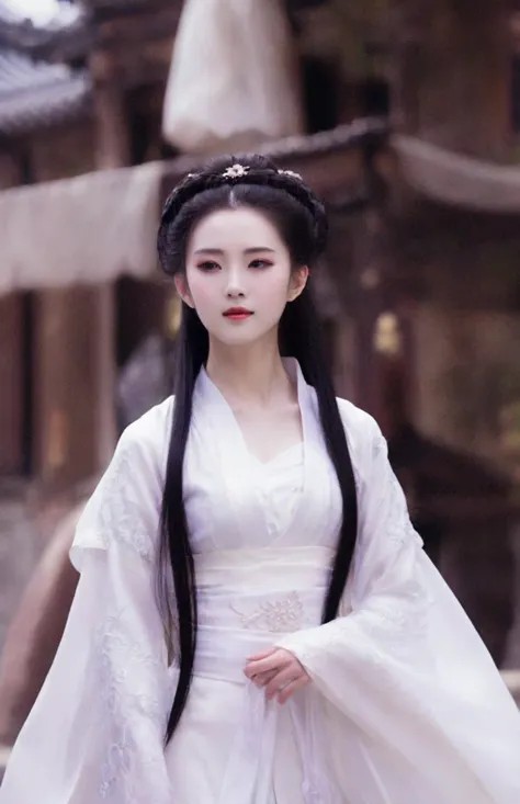 araffe woman in a white dress walking down a street, palace ， a girl in hanfu, white hime cut hairstyle, white hanfu, ruan jia b...