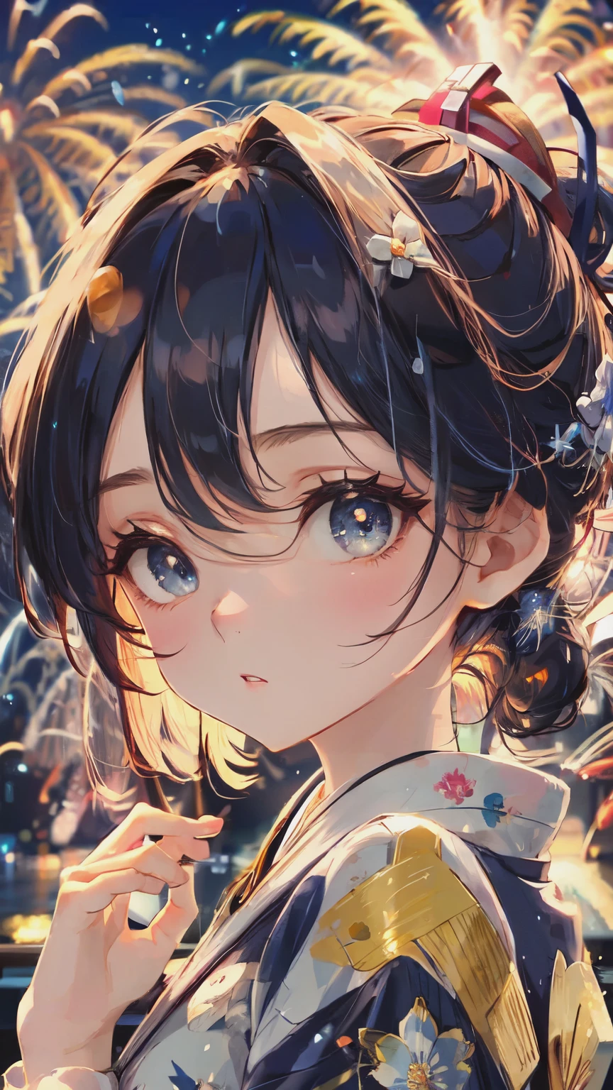 ((masterpiece, Highest quality, Super Definition, High definition)), alone, beautiful girl, Shining Eyes, Perfect Eyes, , Blue Theme, Yukata, firework