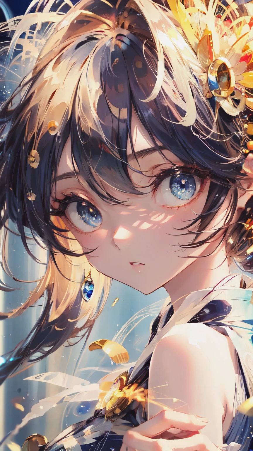 ((masterpiece, Highest quality, Super Definition, High definition)), alone, beautiful girl, Shining Eyes, Perfect Eyes, , Blue Theme, Yukata, firework