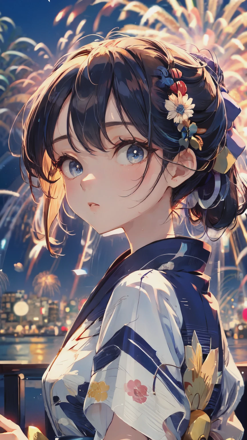 ((masterpiece, Highest quality, Super Definition, High definition)), alone, beautiful girl, Shining Eyes, Perfect Eyes, , Blue Theme, Yukata, firework