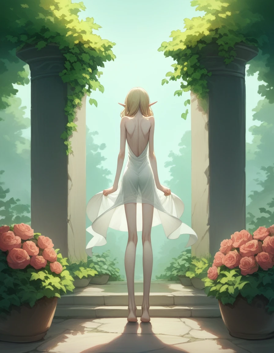 SFW,masutepiece, Best Quality, High resolution, 1girl in, Full body, Details Girl, detail hands, Detail fingers, Detail Face, detail (extremely skinny body:1.5), 1girl in, elf, Looking down, Flower Garden, Black sky, smog, watercolor paiting, pale skin, (skinny body:1.5), Blonde hair, Long hair, Wavy Hair, Green eyes, tareme, extremely tight short white sundress, Bare back, bending over, short skirt, (tall torso:1.5) (extremely large and heavy breasts:1.2), (emotions in pain, back pain:1.6)