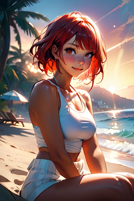 1 young woman; age 18; Slender, athletic; bright red hair; expressive light brown eyes with black pupils; attractive; lightly tanned skin; high detail freckles on face; smiling; very large breasts; trending on artstation; complex volumetric lighting; strong shadows; artistic lighting; dynamic; energetic vibe; realistic skin; specular highlights; micro-textures; highly detailed hair; wearing a white tank top; sitting on the beach at sunset with vibrant hues in the sky; beautifully detailed; epic focus including artists like Loish; Rhads; Beeple; Makoto Shinkai; Lois van Baarle; Ilya Kuvshinov; RossDraws; Tom Bagshaw; Alphonse Mucha; background contains a beach party