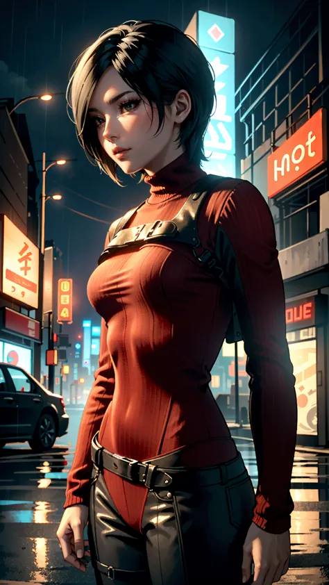 ((ultra detailed, masterpiece, best quality))
 re4ada, 1girl, solo, short hair, brown eyes, beneath the neon lights of a cyberpu...