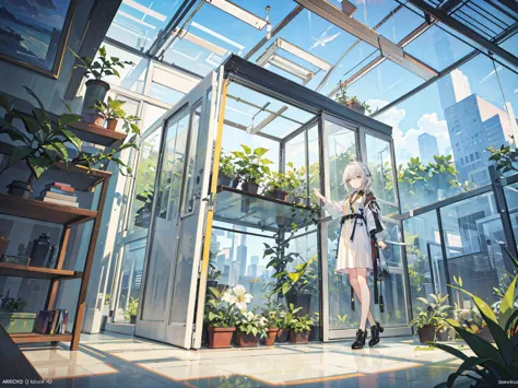 masterpiece, 4k, 8k, super hire, extremely detailed，scene illustration，background image，inside the glass house，greenhouse，botani...