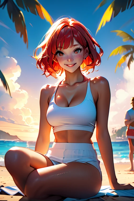 1 young woman; age 18; Slender, athletic; bright red hair; expressive light brown eyes with black pupils; attractive; lightly tanned skin; high detail freckles on face; smiling; very large breasts; trending on artstation; complex volumetric lighting; strong shadows; artistic lighting; dynamic; energetic vibe; realistic skin; specular highlights; micro-textures; highly detailed hair; wearing a white tank top; sitting on the beach at sunset with vibrant hues in the sky; beautifully detailed; epic focus including artists like Loish; Rhads; Beeple; Makoto Shinkai; Lois van Baarle; Ilya Kuvshinov; RossDraws; Tom Bagshaw; Alphonse Mucha; background contains a beach party; laughing expression