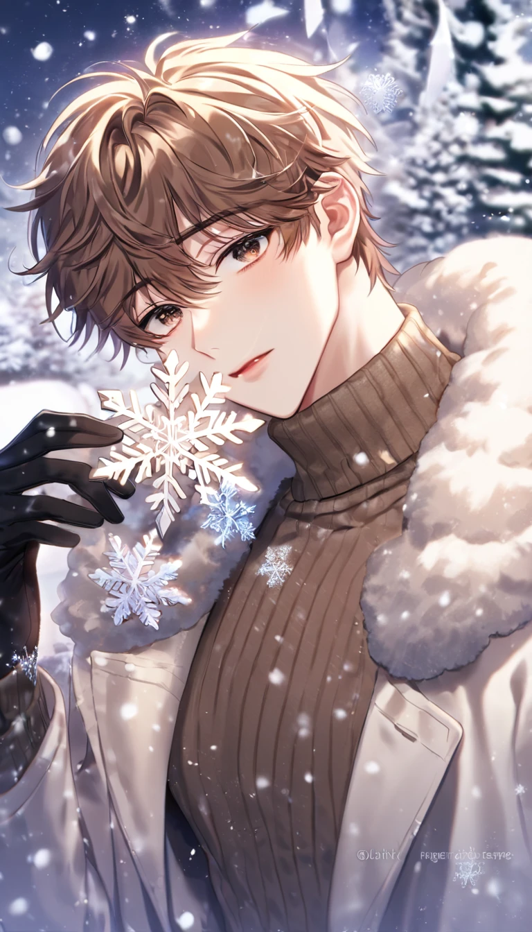 absurdres, highres, ultra detailed, HDR, master piece, best quality, detailed eyes, delicated features, Manhwa Style, Shiki Tenma, chestnut light-brown hair, with bangs, expressive brown eyes, solo, sexy young man, cute, sensual, white coat with fur, light-brown sweater, black gloves, winter, garden, snow, snowflakes, snowing, winter flowers, magical, fantasy, Amnesia Memories  