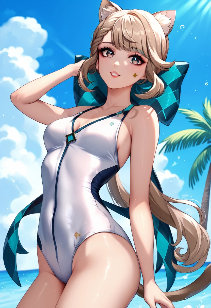 Anime style,woman , ornament hair, swimsuit, hands, wavy hair, Light brown hair, cat ears, long hair, praia scene, mar on focus, white swimsuit, sexy swimsuit, smiling, ornament hair, long hair, palm trees, looking at the viewer, cat ears,  beautiful eyes, full lips,cat ears, sexy swimsuit, Lynette genshin impact,anime