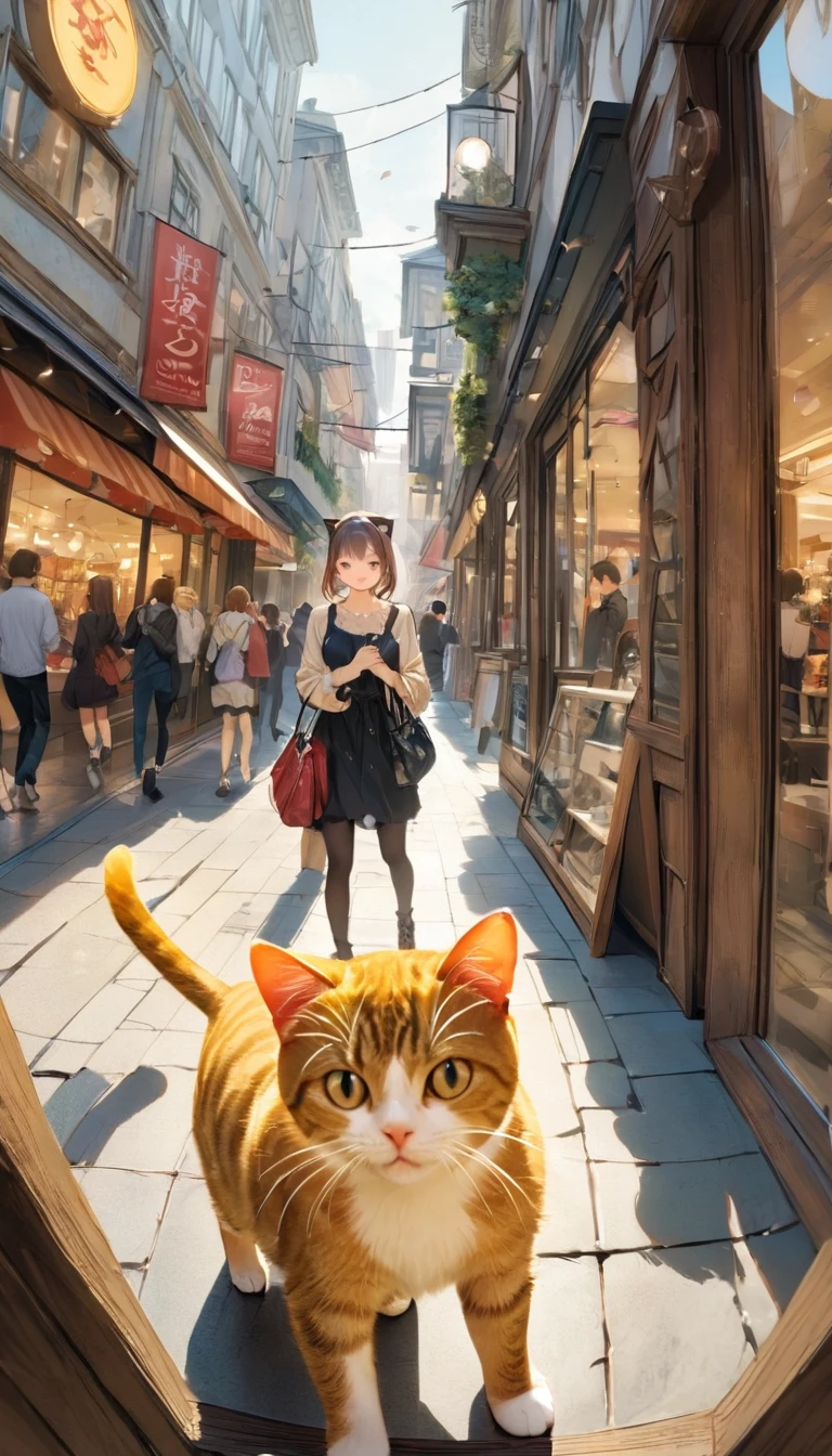 ((Top Quality)), ((Masterpiece)), (Detailed), 8k, A woman and her cats are walking through an upscale shopping street. The woman is wearing high heels and carrying a designer bag, and the cats are looking inside the bag and following her around at her feet. The woman stops in front of a shop window and smiles at the cats. In the background, there is an atmosphere of fashion shops and cafes. , conceptual art, jpeg artifacts, first person perspective, cats up close, ultra high resolution, anatomically correct, attention to detail, super detailed