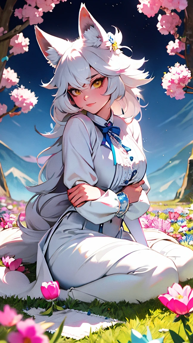 (masterpiece), best quality, expressive eyes, perfect face illustration with dull and dark colors and blue werewolf woman , Wolf ears and tail, woman girl sitting and next to her a white wolf in a field of flowers cold and opaque pastel colors light full body warm and dark colors, surrounded by flowers, Full body cute pose dressed in a simple lolita outfit, lobo blanco chica con pelo blanco y Wolf ears and tail,lower style,Limited palette,xdx style