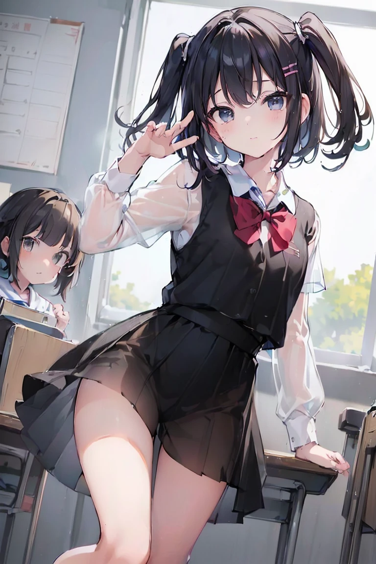 (Best Quality,masterpiece:1.3),Absurd,High resolution, ((2 young children),,8yo,See-through student uniform,Hairstyle(Two Side Up)、Shota,Panty shot、 whole body, School,classroom,It&#39;s snowing outside, Skirt and Chirarizum, Tops, Standing, Embarrassing, Wide Shot, barefoot