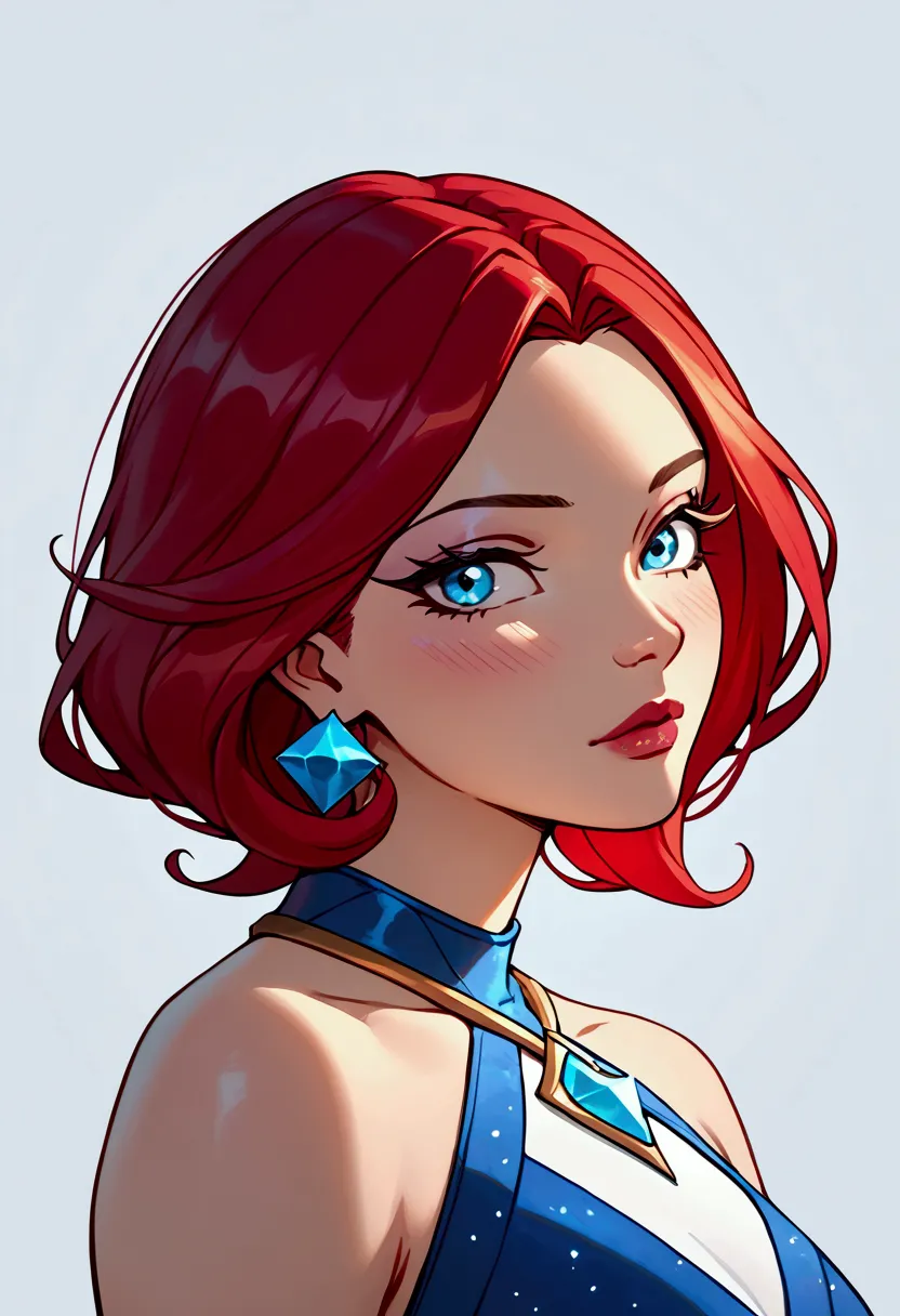 score_9, score_8_up, score_7_up, lux (league of legends), 1 girl, blue eyes, red hair, sexy, squinty eyes, earrings, long eyelas...