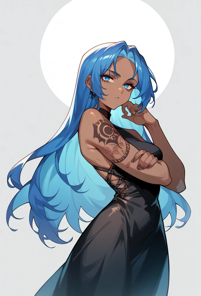 Dark skinned woman, long blue hair, Black dress , tattoos, blue eyes,