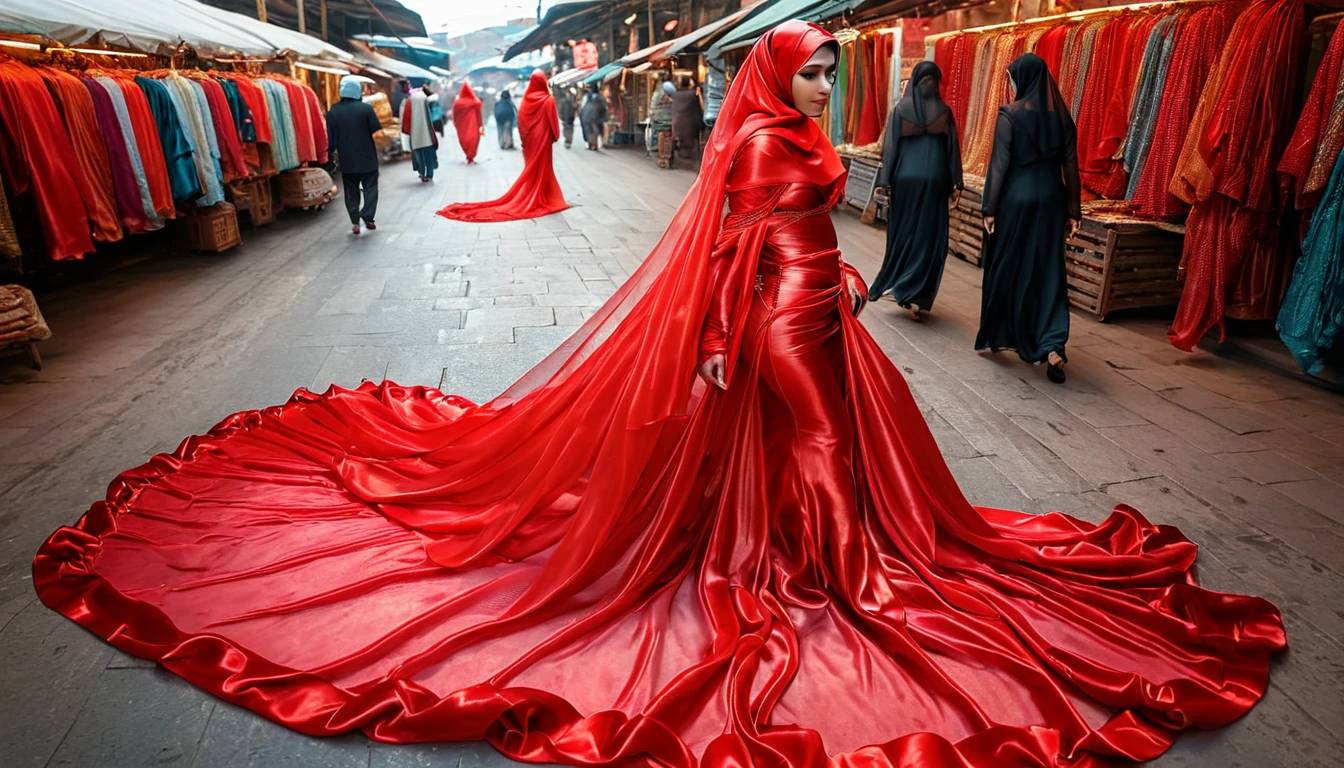 woman shrouded in a 10-meter-long, plush red semi transparent satin shimmer cloth, tightly bound and grandly draping along the form of her body, flowing off into a pooled floor-length train, styled in a mermaid-inspired outfit, her head modestly veiled in a satin hijab with transparent face veil,walk in traditional market, a full-body pose conveying a sense of mysterious elegance, captured in a 4k resolution, ultra-realistic