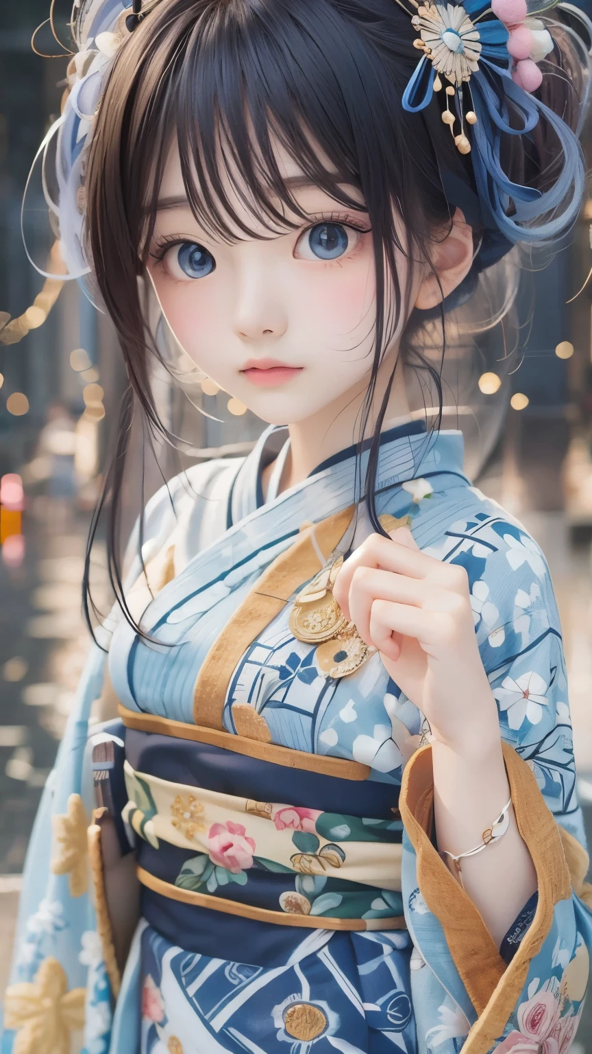 ((masterpiece, Highest quality, Super Definition, High definition)), alone, beautiful girl, Shining Eyes, Perfect Eyes, , Blue Theme, Yukata, firework