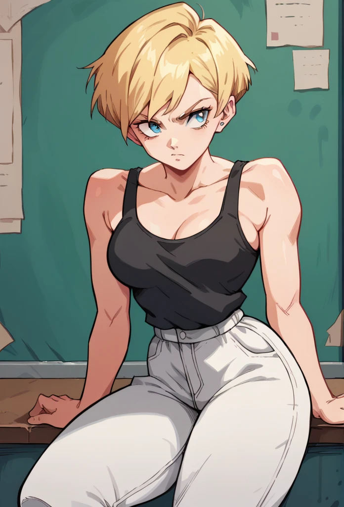 1 , Alone, short hair, blonde hair,high resolution, masterpiece, Anatomically correct, Necessary, high details, blue eyes, on the School, Black tank top , white pants,thick thighs 