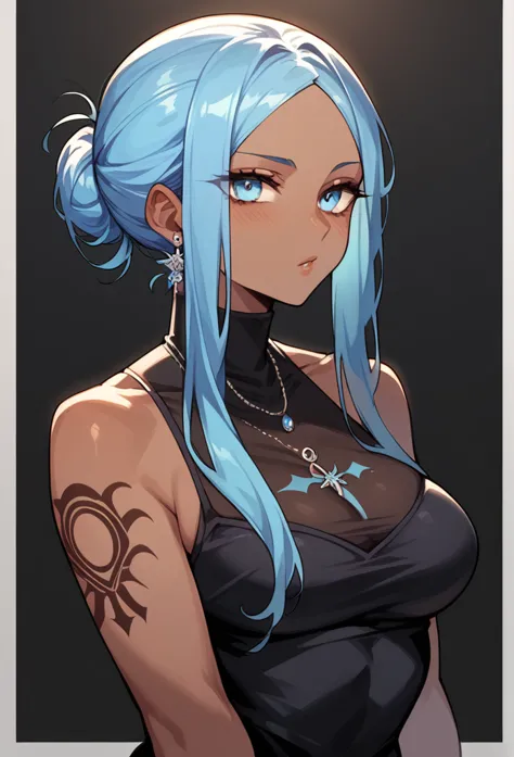 dark skinned woman, long blue hair, black dress , tattoos, blue eyes,