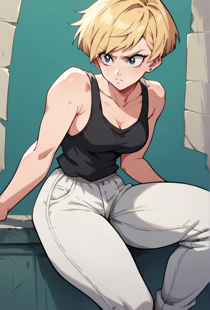 1 , Alone, short hair, blonde hair,high resolution, masterpiece, Anatomically correct, Necessary, high details, blue eyes, on the School, Black tank top , white pants,thick thighs 