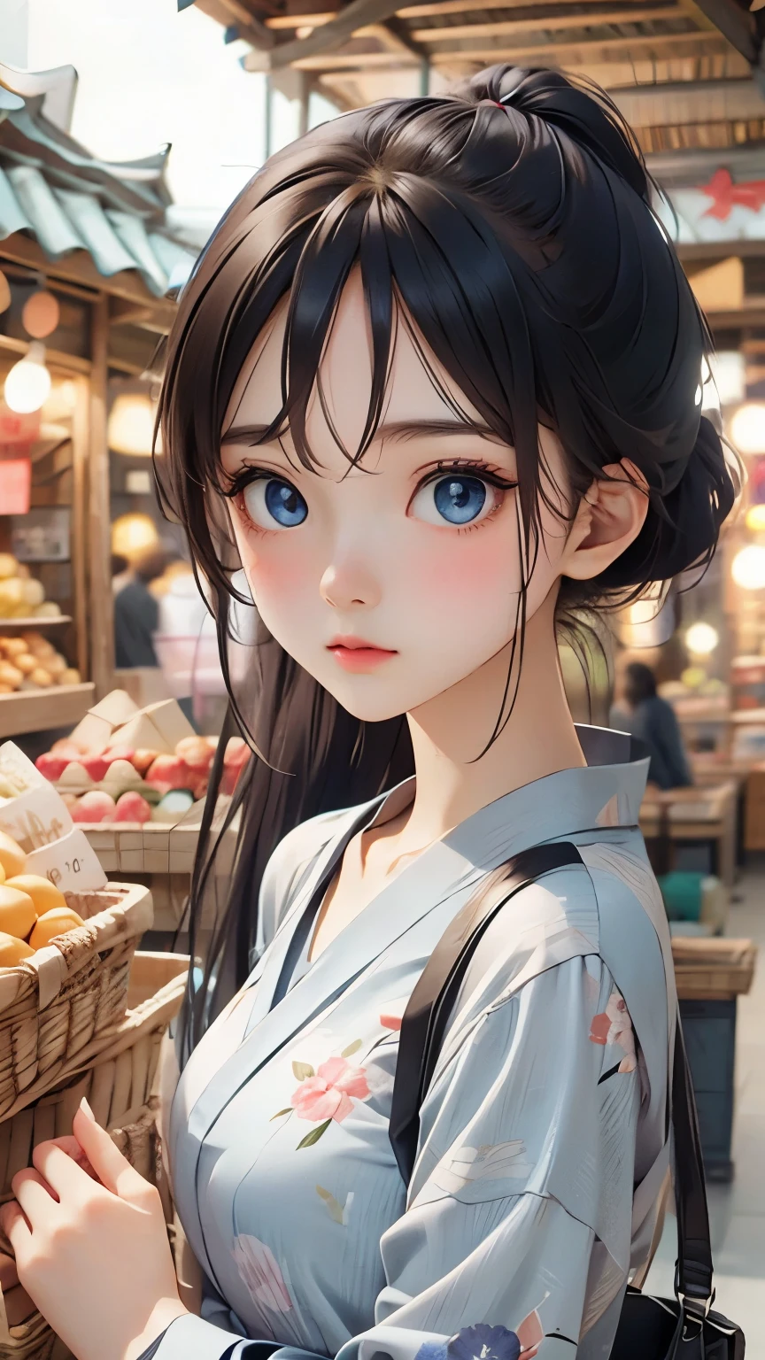 ((masterpiece, Highest quality, Super Definition, High definition)), alone, beautiful girl, Shining Eyes, Perfect Eyes, , Blue Theme, Yukata, firework