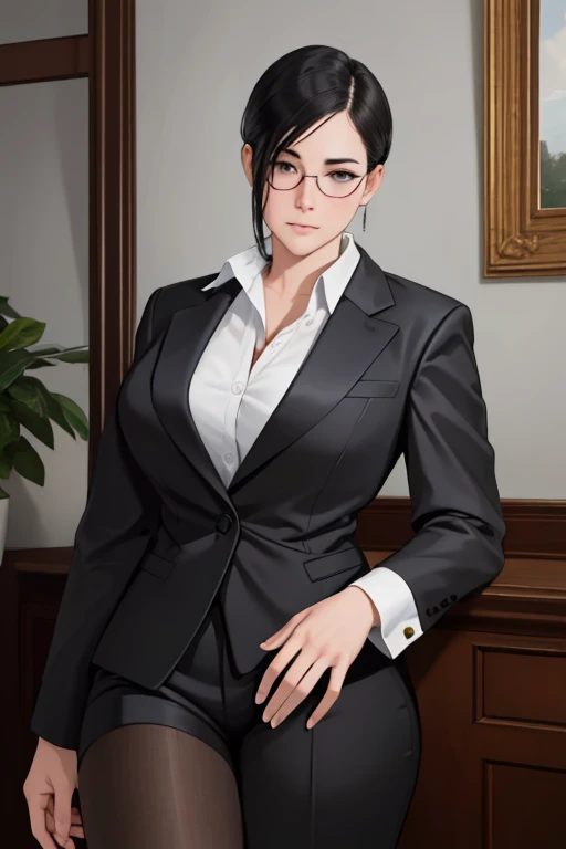 NSFW, masterpiece, best quality, ultra-detailed, semi-realistic, detailedfacialfeatures, 1girl,wearing stylish executive clothes,voluptuous,Sensual,short black hair,gray outfit,haughty,eyeglass