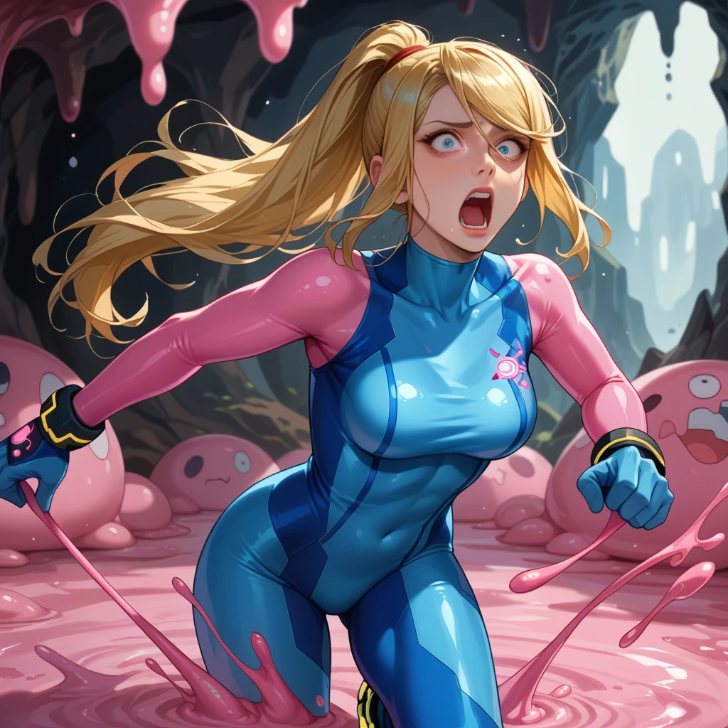 score_9, score_8_up, score_7_up, 1girl, solo,defSamus, blonde hair, long hair, bodysuit, blue clothes, blue pants, blue gloves, shocked face, running, screaming, scared face, pink liquid come out the wall, spliting, slime, liquid on all body, dark cave, pink goo, covered in liquid