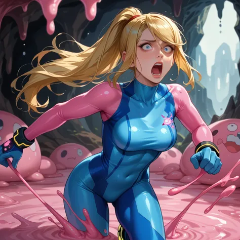 score_9, score_8_up, score_7_up, 1girl, solo,defsamus, blonde hair, long hair, bodysuit, blue clothes, blue pants, blue gloves, ...