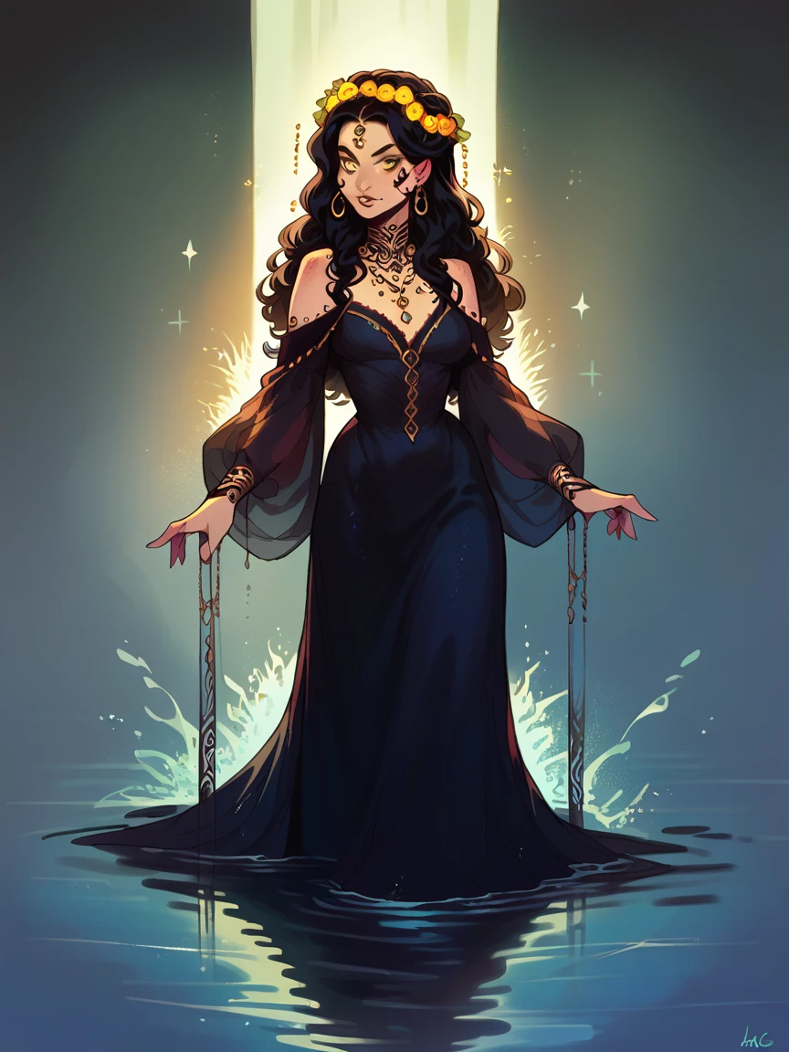 hyper-realistic of a mysterious woman with flowing dark hair, ((sparkling)), piercing yellow eyes, and a delicate floral crown, walking on the water, whole body, sparkling