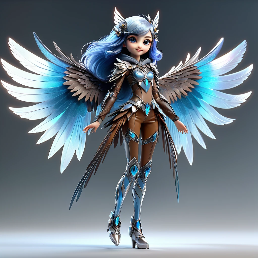 3d digital art style full body, tiny, cute slender hyper-feminine female blue-haired fairy owl, translucent magic wings (opalescent), leather armor (silver), brown leather pants, happy, flying