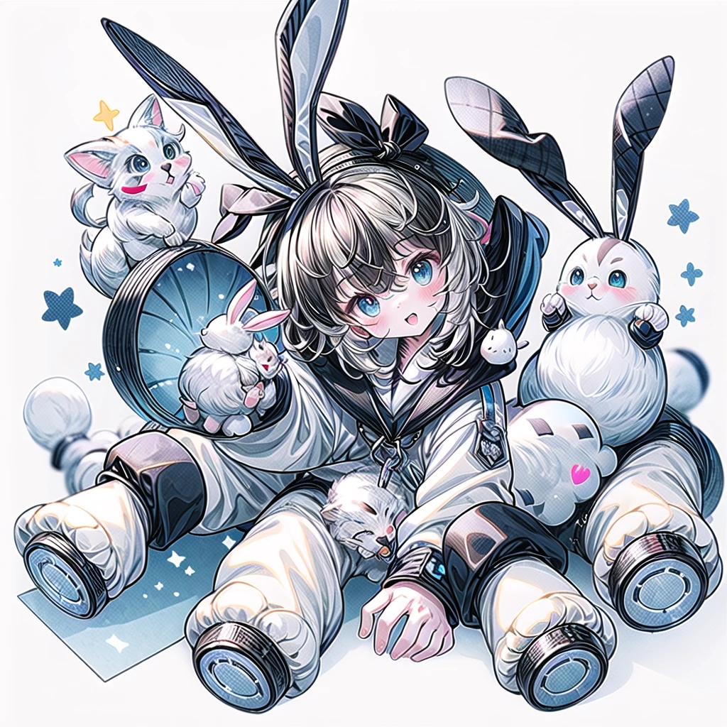 A cute little guy wearing a rabbit costume、fluffy、Loose、pastel colour、Highest quality、Masterpiece、Milky white hair color、kawaii tech,