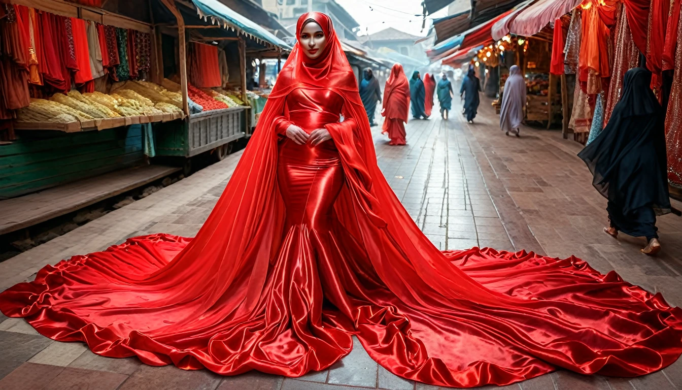 woman shrouded in a 10-meter-long, plush red semi transparent satin shimmer cloth, tightly bound and grandly draping along the form of her body, flowing off into a pooled floor-length train, styled in a mermaid-inspired outfit, her head modestly veiled in a satin hijab with transparent face veil,walk in traditional market, a full-body pose conveying a sense of mysterious elegance, captured in a 4k resolution, ultra-realistic