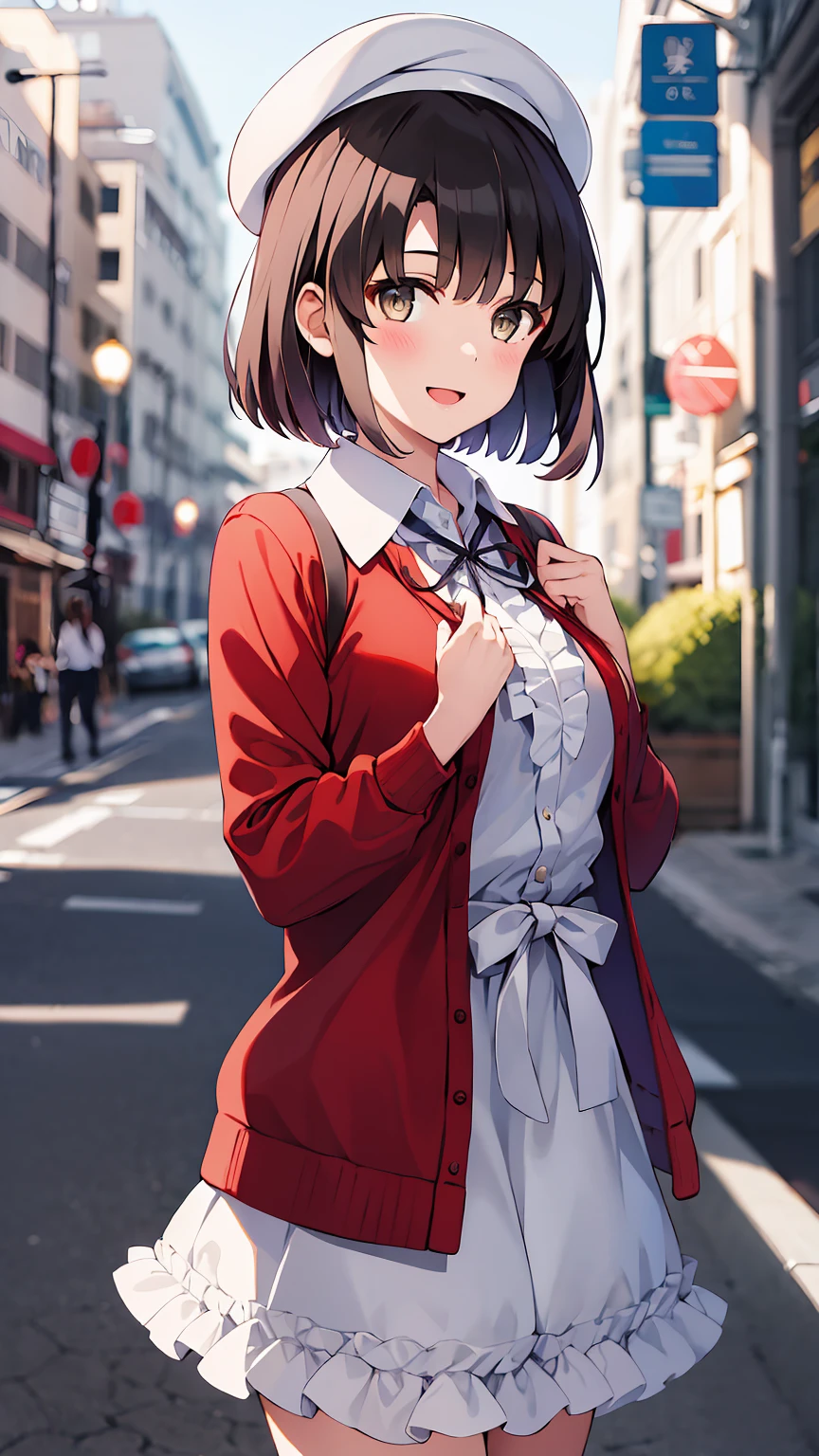 ((masterpiece, best quality, highres)), depth of field, 
BREAK, 1girl, standing, cowboy shot, close mouth, smile, 
BREAK, (outdoor, city),   
BREAK, aamegumi, short hair, beret, white headwear, neck ribbon, frills, white dress, red cardigan, open clothes, long sleeves, white bow