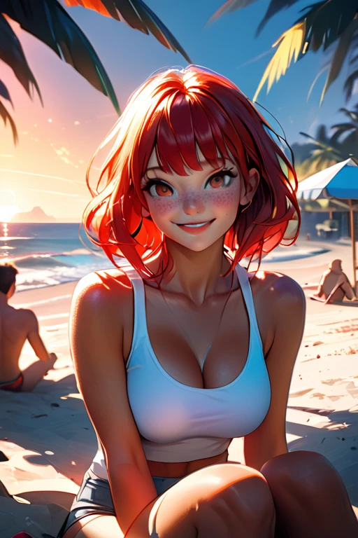 1 young woman; age 18; Slender, athletic; bright red hair; expressive light brown eyes with black pupils; attractive; lightly tanned skin; high detail freckles on face; smiling; very large breasts; trending on artstation; complex volumetric lighting; strong shadows; artistic lighting; dynamic; energetic vibe; realistic skin; specular highlights; micro-textures; highly detailed hair; wearing a white tank top; sitting on the beach at sunset with vibrant hues in the sky; beautifully detailed; epic focus including artists like Loish; Rhads; Beeple; Makoto Shinkai; Lois van Baarle; Ilya Kuvshinov; RossDraws; Tom Bagshaw; Alphonse Mucha; background contains a beach party; laughing expression