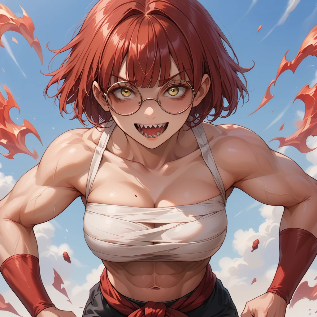 strong tough defined woman, defined abs, short red hair with bangs, wearing red poncho, yellow eyes, 
wearing round frame glasses, sharp canine teeth, wearing bandages on their breasts, wearing short black shorts, wearing red poncho tied around waist, marks of injuries on the body, anime art, emanating a transparent aura of power