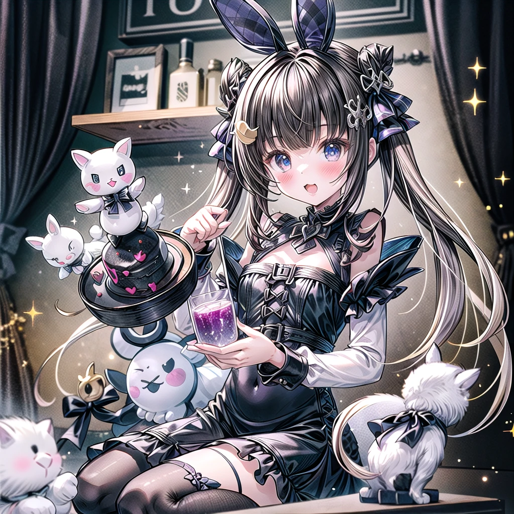 Cute girl、Black dress、Flared cuffs、Long sleeves、A gothic bunny doll in one hand、Purple、