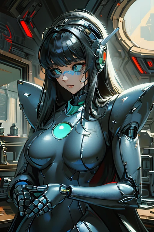 (masterpiece),(Highest quality),(Super detailed),(Best illustrations),(Best Shadow),(Absurd),(Detailed Background),(so beautiful), 16K, 8K, 4K,(Best Shadow),empty eyes,robotization,woman ,big bust,Robot Joint ,Metal skin,Black Suit,long hair,a black suit that covers the whole body,robot hand,cyber bodysuit,mecha head,cyborg eye,robotization, transforming into robot,(Detailed hands and fingers:1.2),robotic helmet