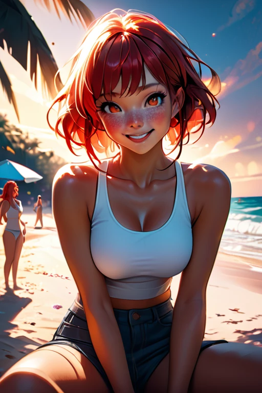 1 young woman; age 18; Slender, athletic; bright red hair; expressive light brown eyes with black pupils; attractive; lightly tanned skin; high detail freckles on face; very large breasts; trending on artstation; complex volumetric lighting; strong shadows; artistic lighting; dynamic; energetic vibe; realistic skin; specular highlights; micro-textures; highly detailed hair; wearing a white tank top; sitting on the beach at sunset with vibrant hues in the sky; beautifully detailed; epic focus including artists like Loish; Rhads; Beeple; Makoto Shinkai; Lois van Baarle; Ilya Kuvshinov; RossDraws; Tom Bagshaw; Alphonse Mucha; background contains a beach party; laughing expression