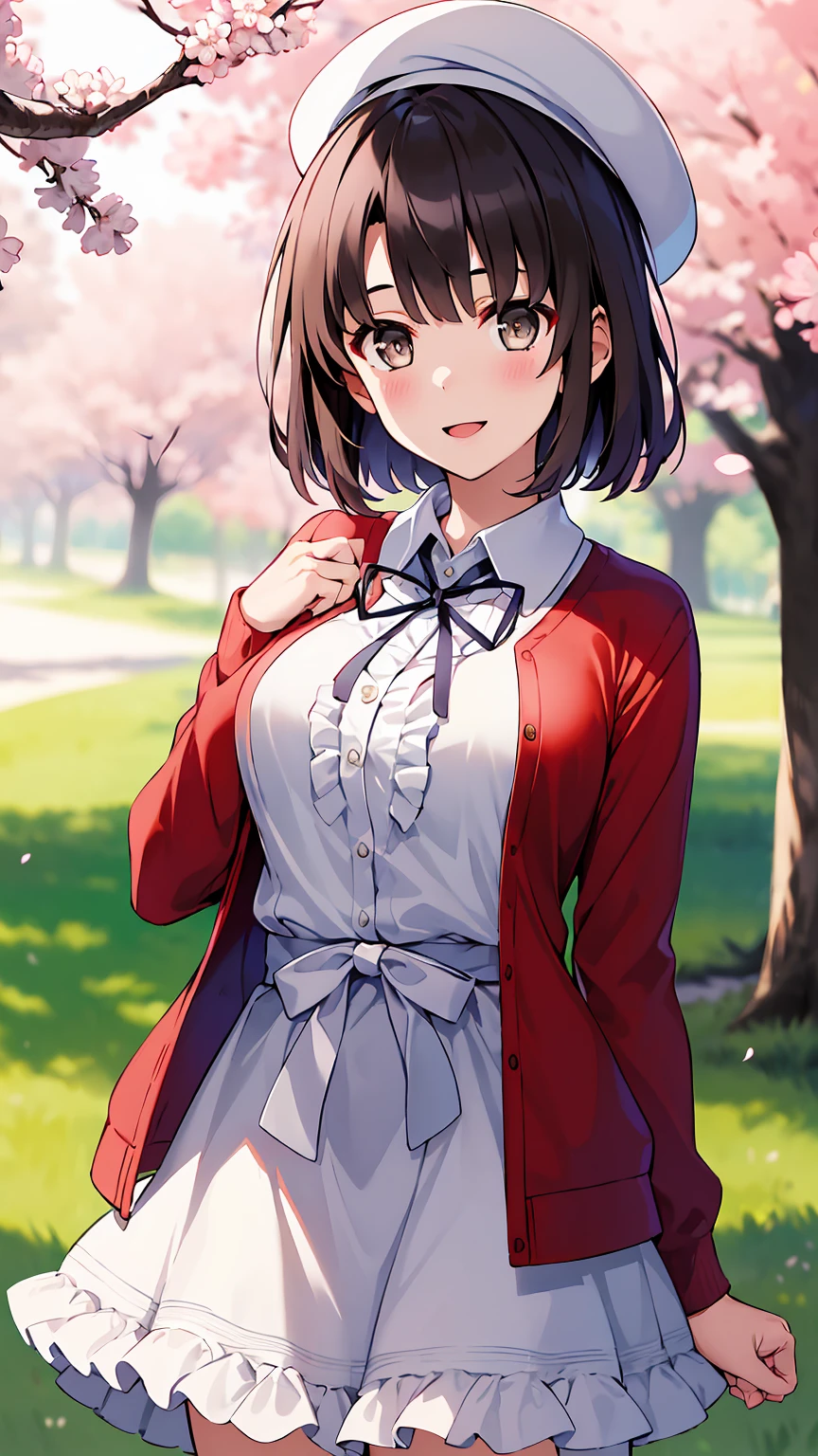 ((masterpiece, best quality, highres)), depth of field, 
BREAK, 1girl, standing, cowboy shot, close mouth, smile, 
BREAK, (outdoor, cherry blossom),   
BREAK, aamegumi, short hair, beret, white headwear, neck ribbon, frills, white dress, red cardigan, open clothes, long sleeves, white bow