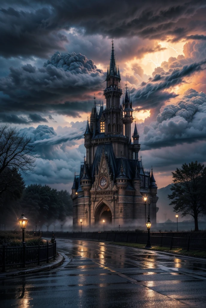 (late afternoon):0.9, (dense atmosphere):0.8, (feeling cold):0.7, (castle):1.2, (medieval):1.1, (storm):1.4, (lightning):1.3, (rain):1.2, (drizzle):1.2, (detailed 8k):1.5.