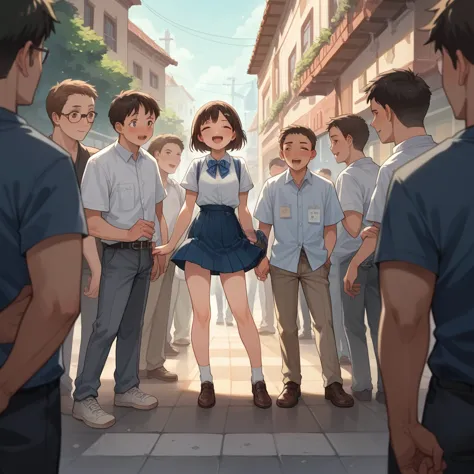 sixth grade boys touching the legs of a second grade girl, women's skirts, the girl is terrified., several guys touching a girl&...