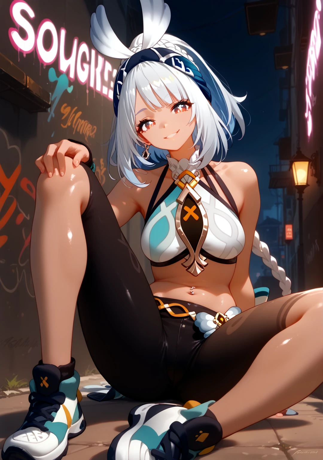 Highest quality, Highest quality, High quality illustrations, masterpiece, Ultra-high resolution, Detailed Background, Absurd, Perfect Anatomy, performance, Good lighting, Shadows in the movies, 1 girl, solo, mualani_\(genshin_impact\), alternate costume, medium breasts, smirk, halterneck, midriff, leather pants, sneakers, navel piercing, leaning back, sitting, arm support, spread legs, knee up, hand on own knee, looking at viewer, head tilt, looking down, graffiti, neon lights, alley, outdoors, bewitching thighs, gleaming, shiny skin, shiny, two beautiful legs