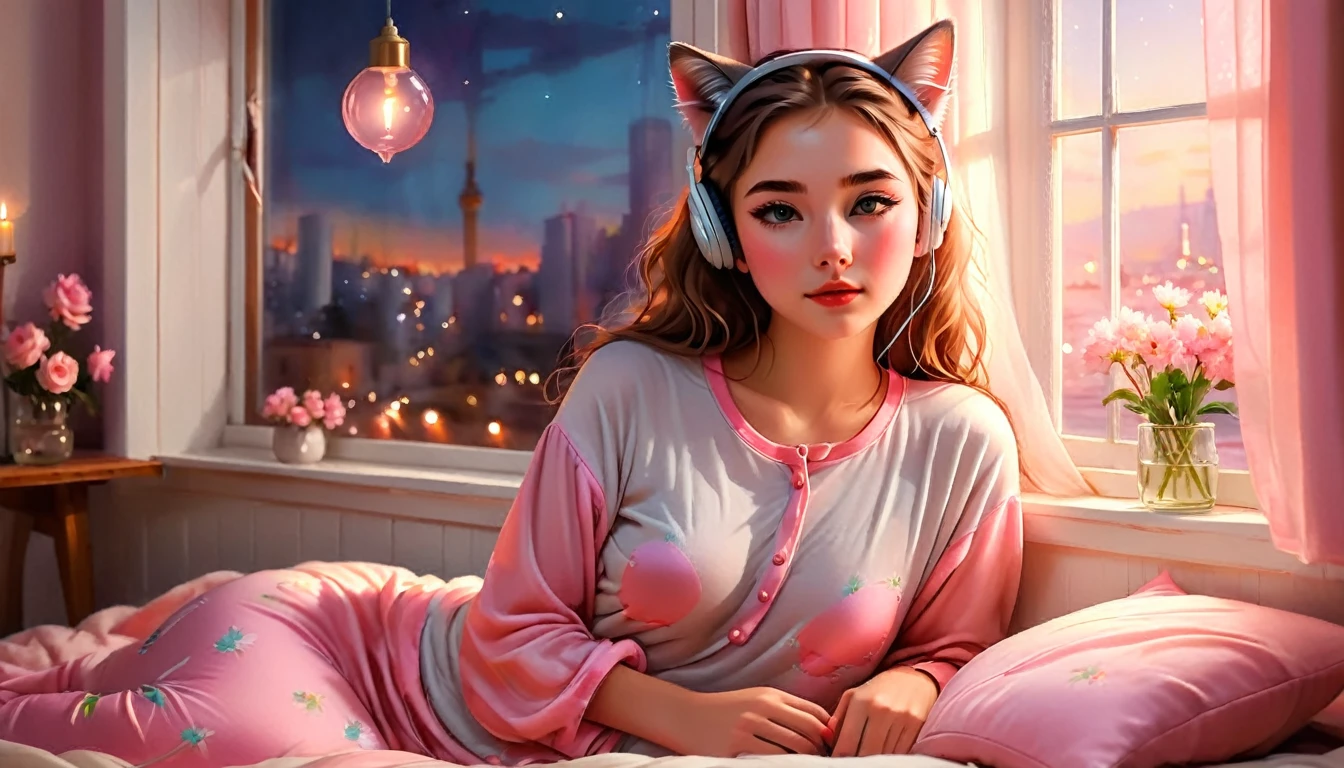 (best quality,High resolution:1.2)((Lo-Fi Drawing Styles:1.5)), lying in bed listening to music with headphones, books on the bed, soft light garland, pleasant and peaceful environment, soft and beautiful colors, magical, quiet, cozy , colored lighting,beautifully detailed eyes,long eyelashes,beautifully detailed lips,brown hair,sleeping girl, illuminated face. dream atmosphere,soft pillows,pastel pink pajamas,peaceful expression,Relaxing Posture,serene humor,subtle shadows,smooth background,2,realista details,vivid colors,sharp focus,average:oil painting,soft shades,Dream environment. The view of the city is through the window, calm evening. flowers in some vases in the room. burning candles. there is a cat in bed sleeping with her.
